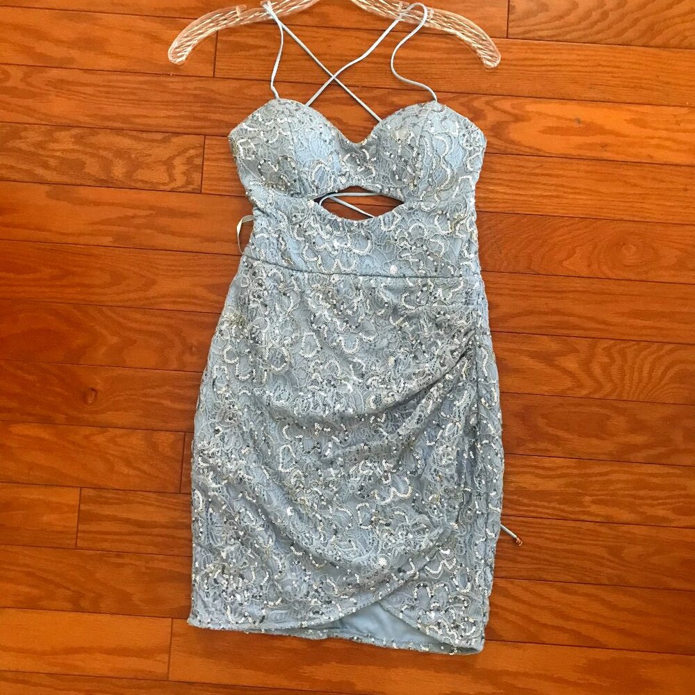 SAINTS AND SECRETS: BLUE LACE,SILVER SEQUINS, SPAGHETTI STRAP COCKTAIL  DRESS